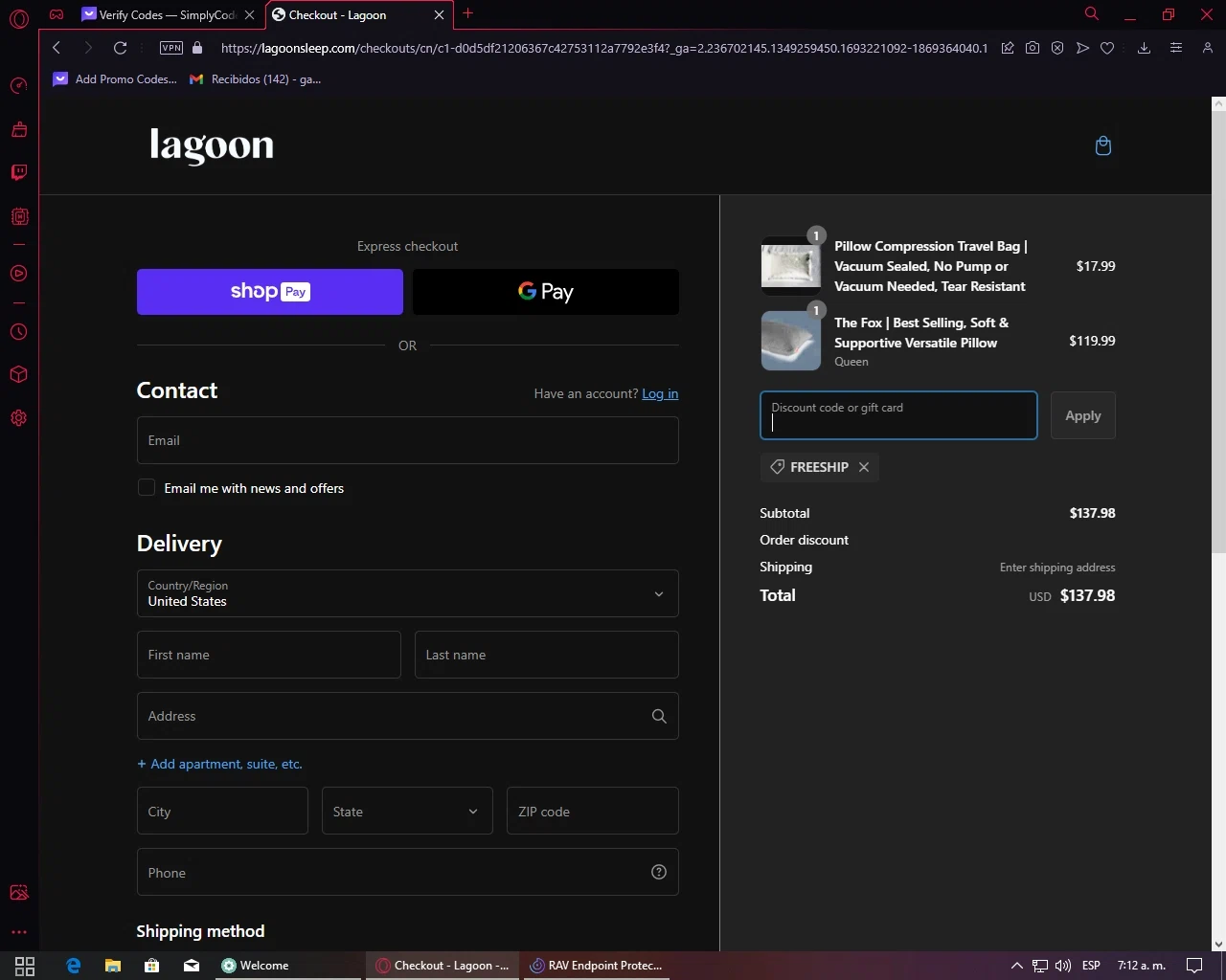 Lagoon Sleep checkout page showing Lagoon Sleep discount code box | Screenshot taken by SimplyCodes community member on Aug 28, 2023