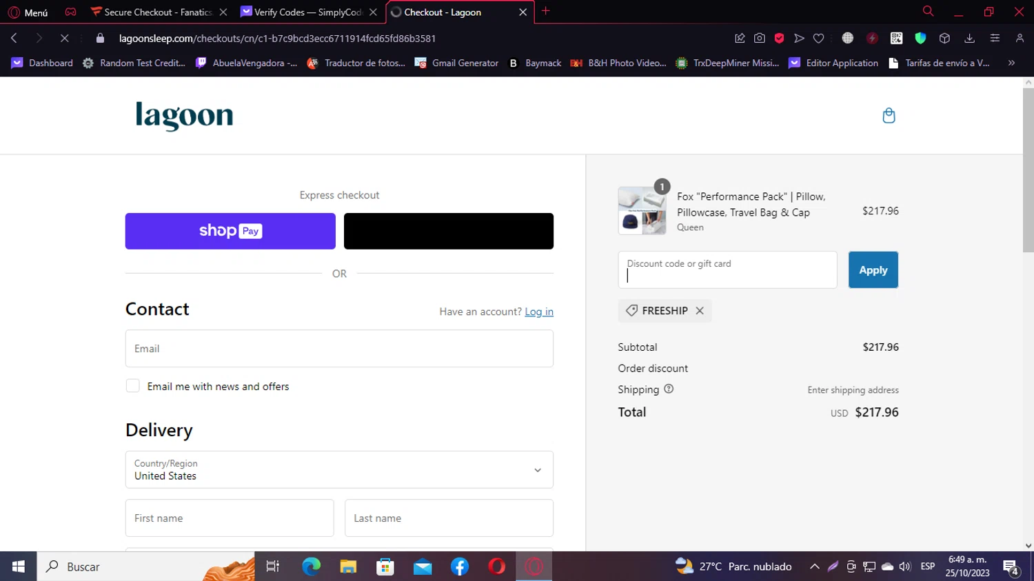 Lagoon Sleep checkout page showing Lagoon Sleep discount code box | Screenshot taken by SimplyCodes community member on Oct 25, 2023
