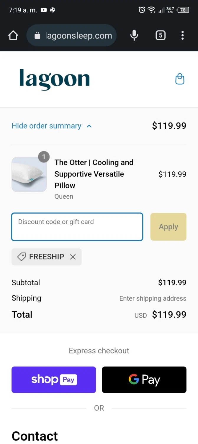 Lagoon Sleep checkout page showing Lagoon Sleep discount code box | Screenshot taken by SimplyCodes community member on Jul 30, 2023