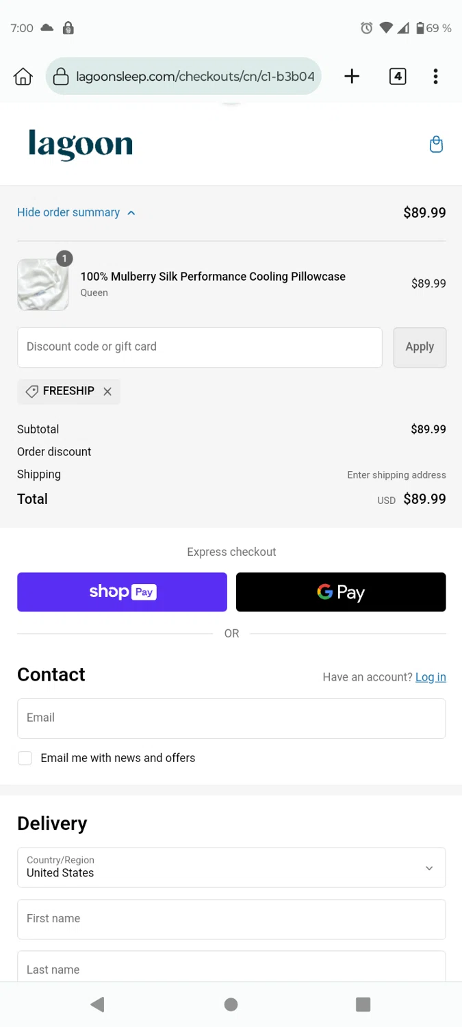 Lagoon Sleep checkout page showing Lagoon Sleep discount code box | Screenshot taken by SimplyCodes community member on Sep 26, 2023