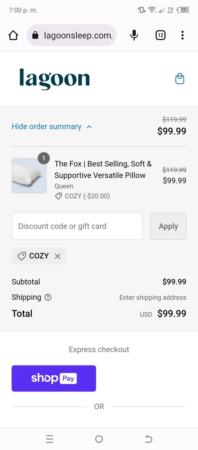 Lagoon Sleep checkout page showing Lagoon Sleep discount code box | Screenshot taken by SimplyCodes community member on Nov 21, 2023