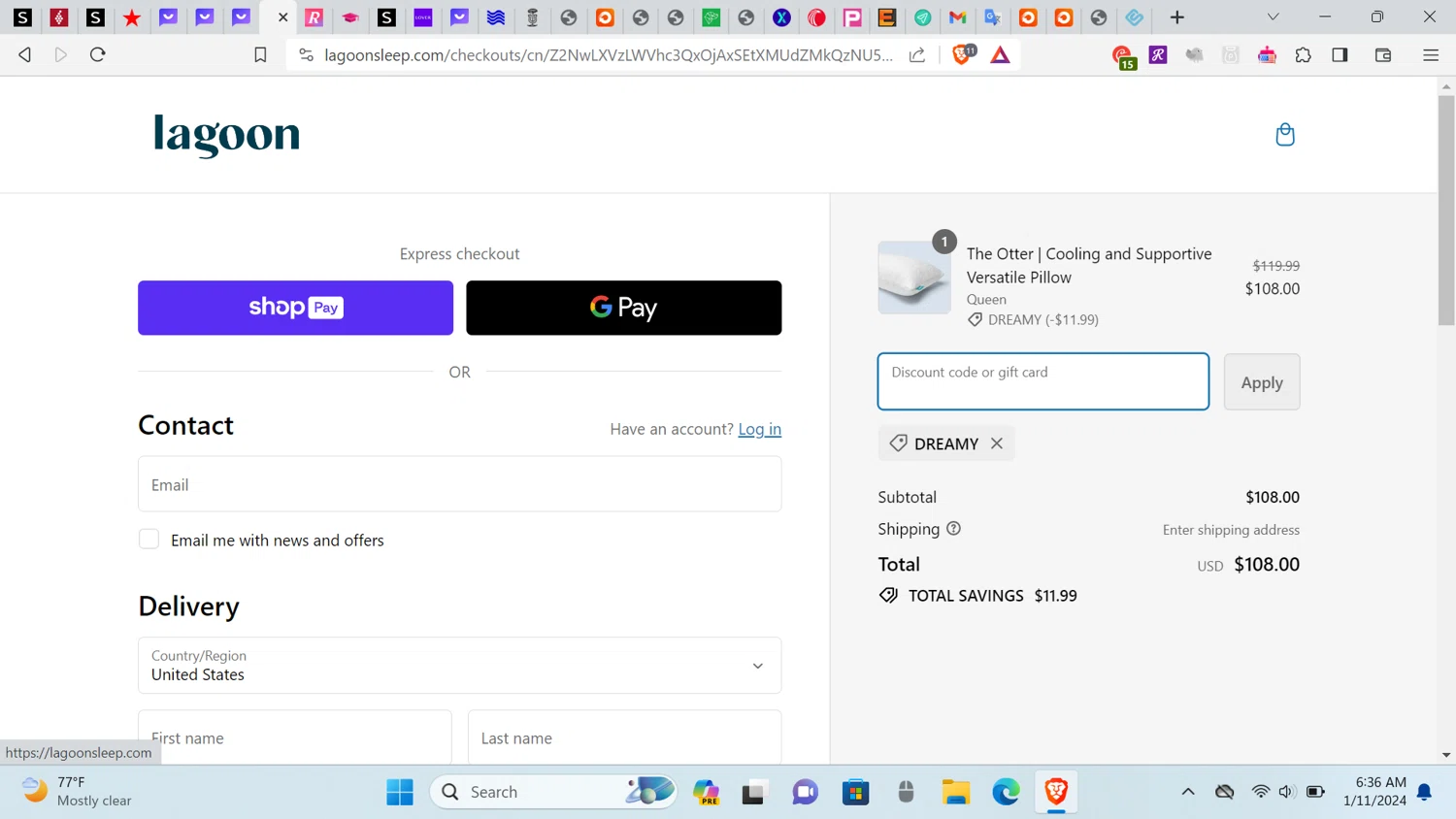 Lagoon Sleep checkout page showing Lagoon Sleep discount code box | Screenshot taken by SimplyCodes community member on Jan 11, 2024