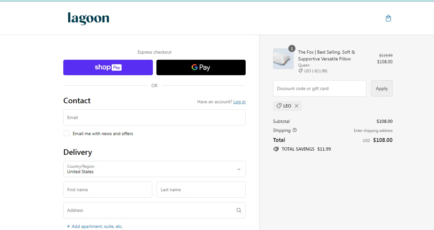 Lagoon Sleep checkout page showing Lagoon Sleep discount code box | Screenshot taken by SimplyCodes community member on Jan 11, 2024