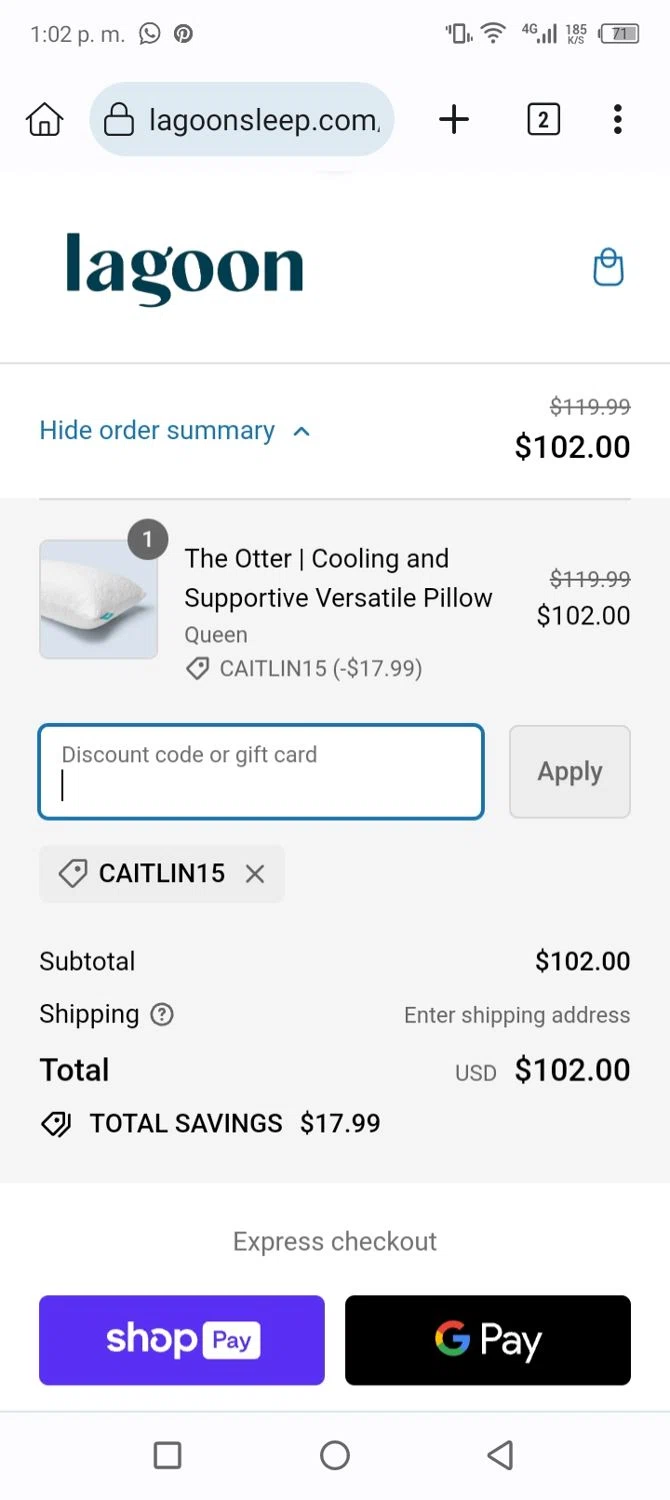 Lagoon Sleep checkout page showing Lagoon Sleep discount code box | Screenshot taken by SimplyCodes community member on Feb 14, 2024