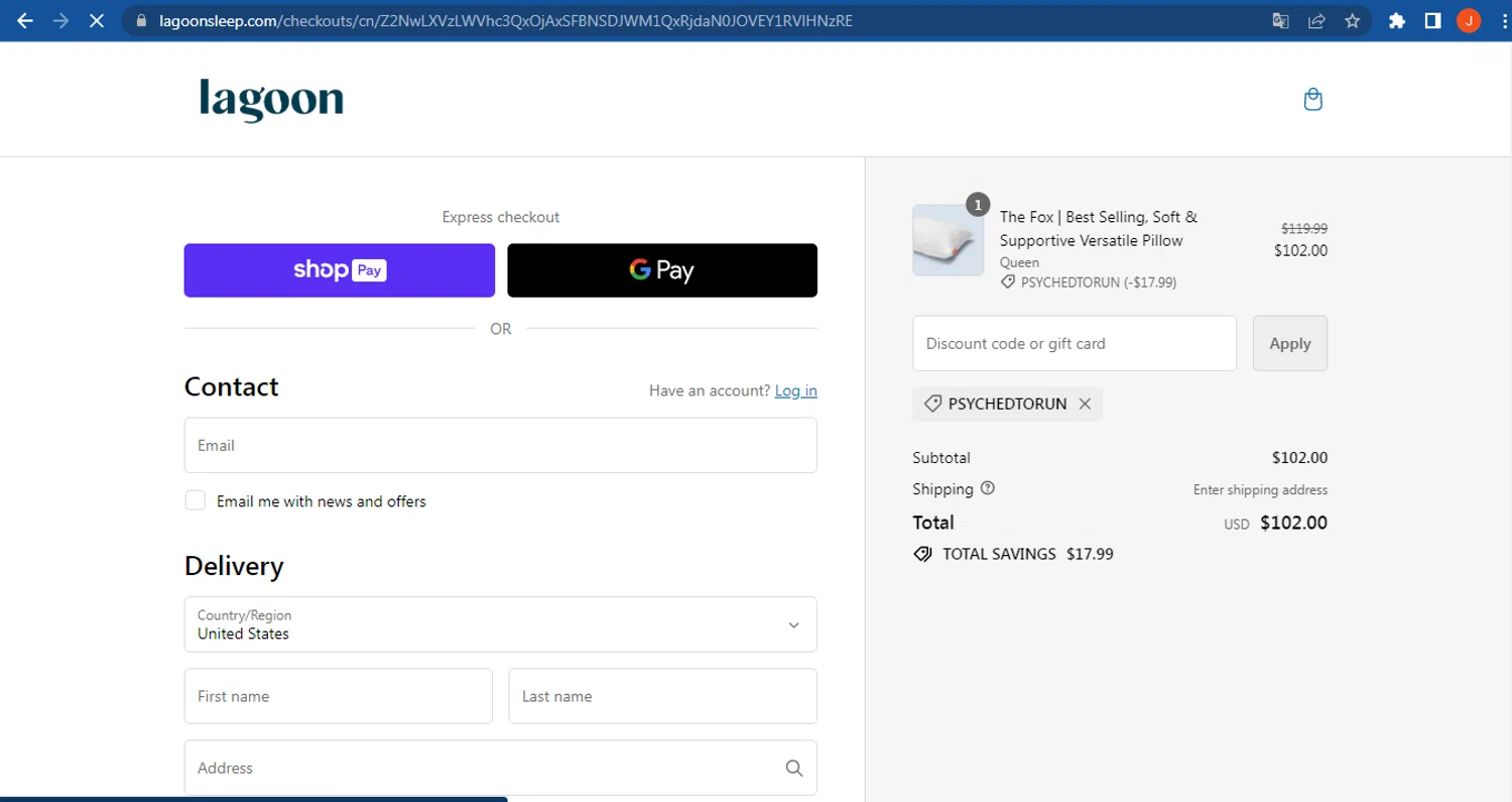 Lagoon Sleep checkout page showing Lagoon Sleep discount code box | Screenshot taken by SimplyCodes community member on Feb 14, 2024