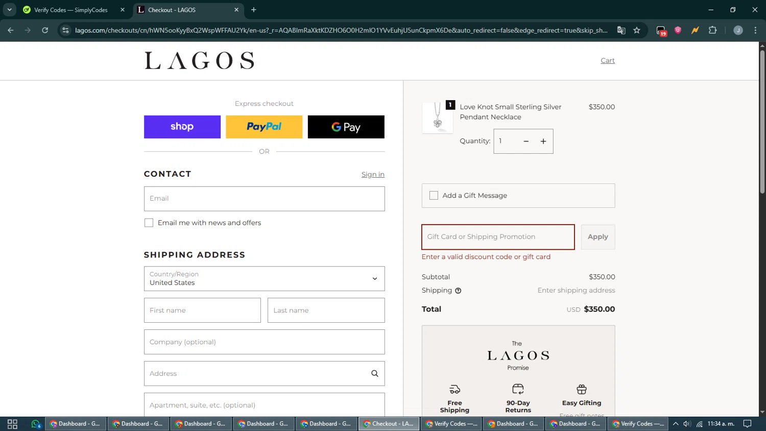 Lagos discount code screenshot showing code VIPSHIP applied at Lagos checkout page. Uploaded by SimplyCodes community member CashShopper1214 on Nov 28, 2025