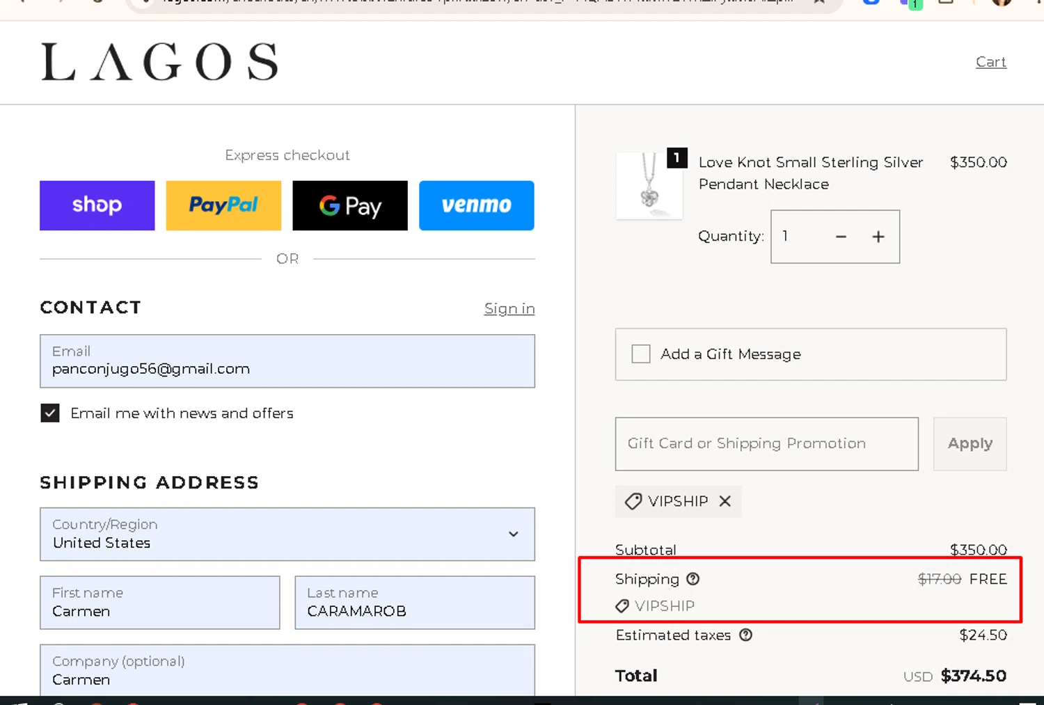 Lagos discount code screenshot showing code VIPSHIP applied at Lagos checkout page. Uploaded by SimplyCodes community member AMANDA2681 on Nov 23, 2025