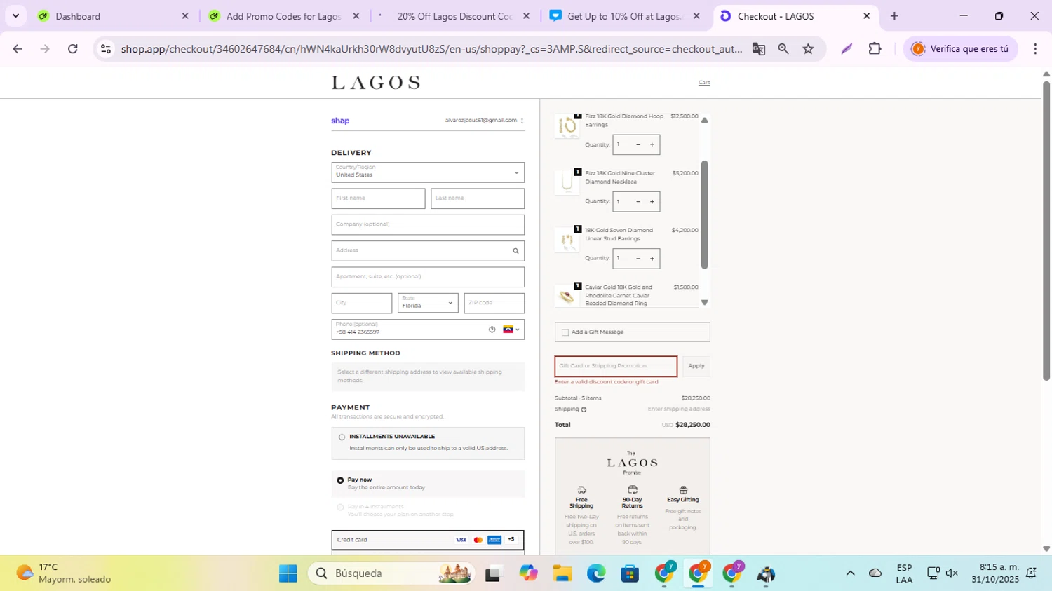 Lagos discount code screenshot showing code WELCOME10 applied at Lagos checkout page. Uploaded by SimplyCodes community member jesusalvarez1 on Oct 31, 2025