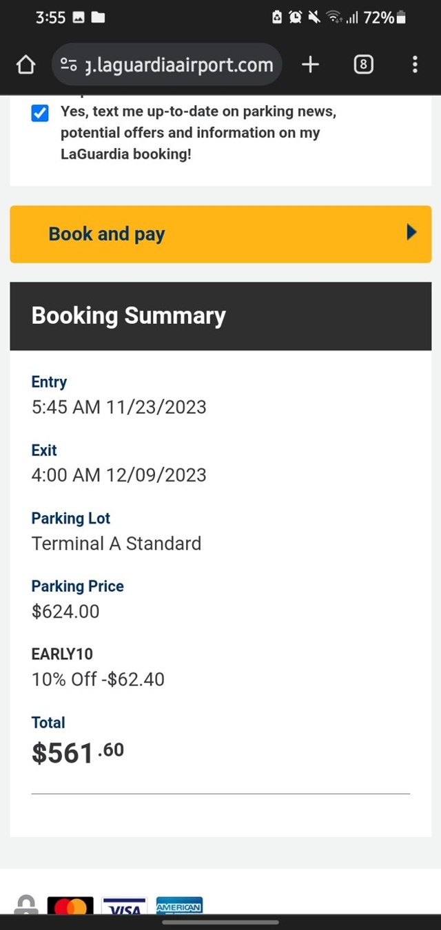 LaGuardia Airport Parking checkout page showing LaGuardia Airport Parking promo code box | Screenshot taken by SimplyCodes community member on Nov 3, 2023