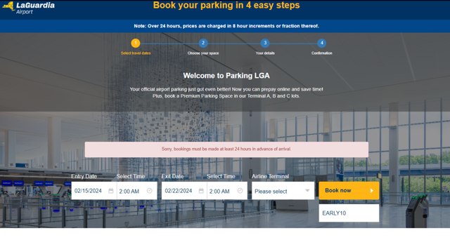 LaGuardia Airport Parking checkout page showing LaGuardia Airport Parking promo code box | Screenshot taken by SimplyCodes community member on Feb 14, 2024