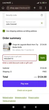 HOLIDAY10 coupon verification screenshot