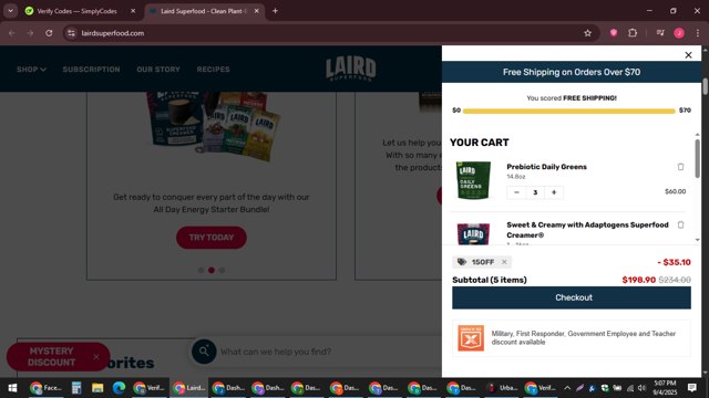 Laird Superfood checkout page showing Laird Superfood discount code box | Screenshot taken by SimplyCodes community member on Sep 4, 2025