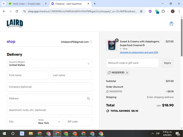 Laird Superfood checkout page showing Laird Superfood discount code box | Screenshot taken by SimplyCodes community member on Sep 4, 2025