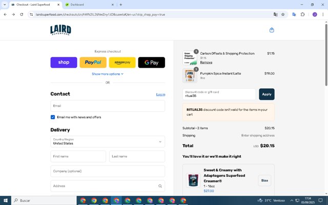 Laird Superfood checkout page showing Laird Superfood discount code box | Screenshot taken by SimplyCodes community member on Sep 5, 2025