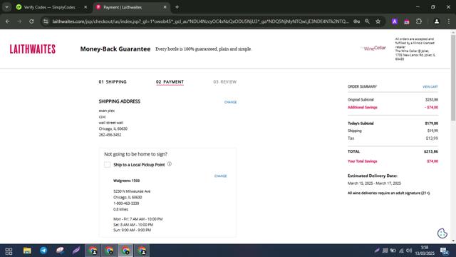 Laithwaites checkout page showing Laithwaites discount code box | Screenshot taken by SimplyCodes community member on Mar 13, 2025