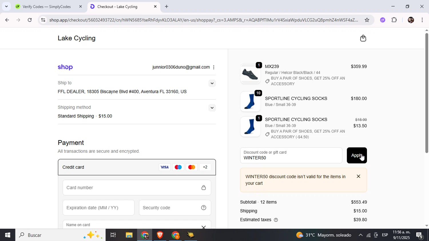 Lake Cycling discount code screenshot showing code WINTER50 applied at Lake Cycling checkout page. Uploaded by SimplyCodes community member Junniorduno on Nov 9, 2025