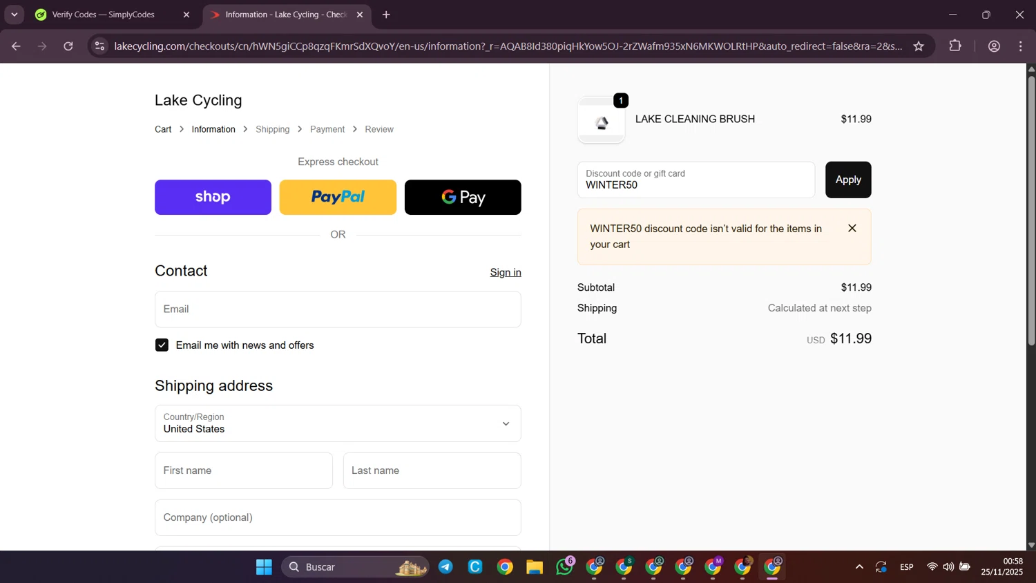 Lake Cycling discount code screenshot showing code WINTER50 applied at Lake Cycling checkout page. Uploaded by SimplyCodes community member SilverWhiz4145 on Nov 25, 2025