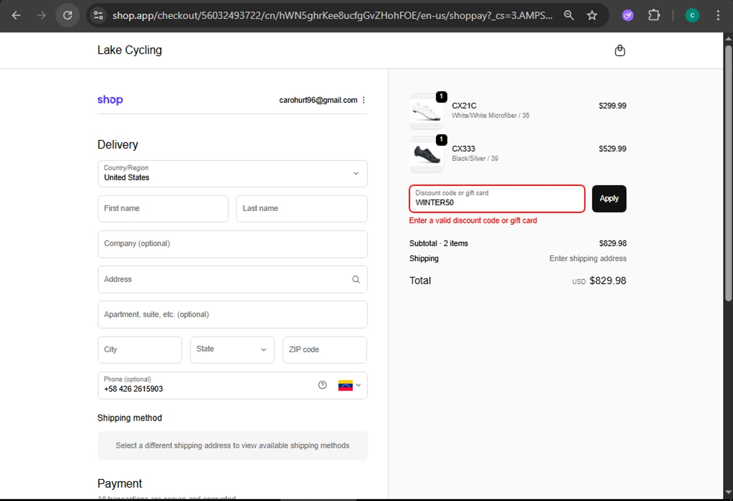 Lake Cycling discount code screenshot showing code WINTER50 applied at Lake Cycling checkout page. Uploaded by SimplyCodes community member WiseMonarch3906 on Nov 25, 2025