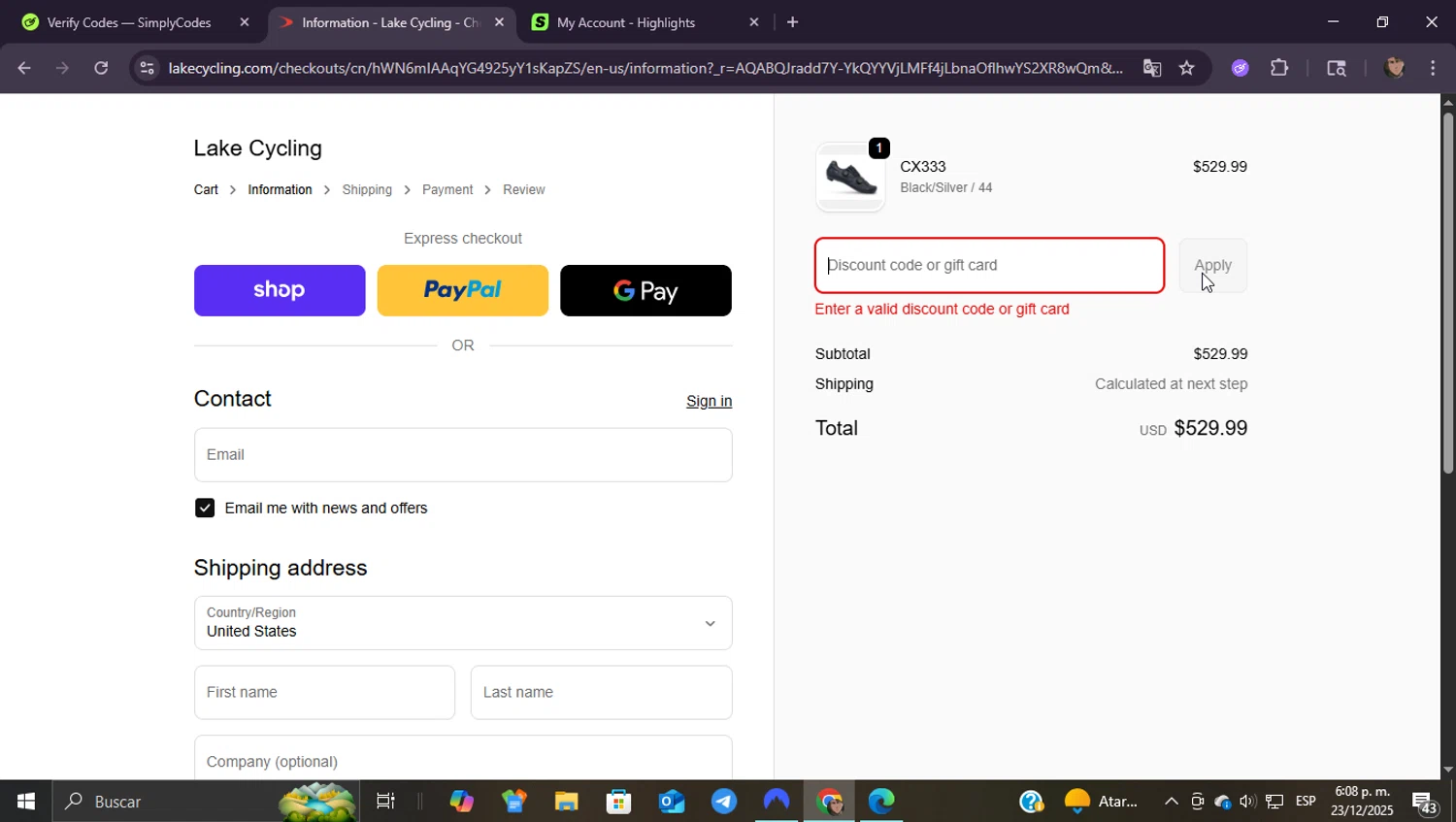 Lake Cycling discount code screenshot showing code Xmas25 applied at Lake Cycling checkout page. Uploaded by SimplyCodes community member ShieldEagle9436 on Dec 23, 2025