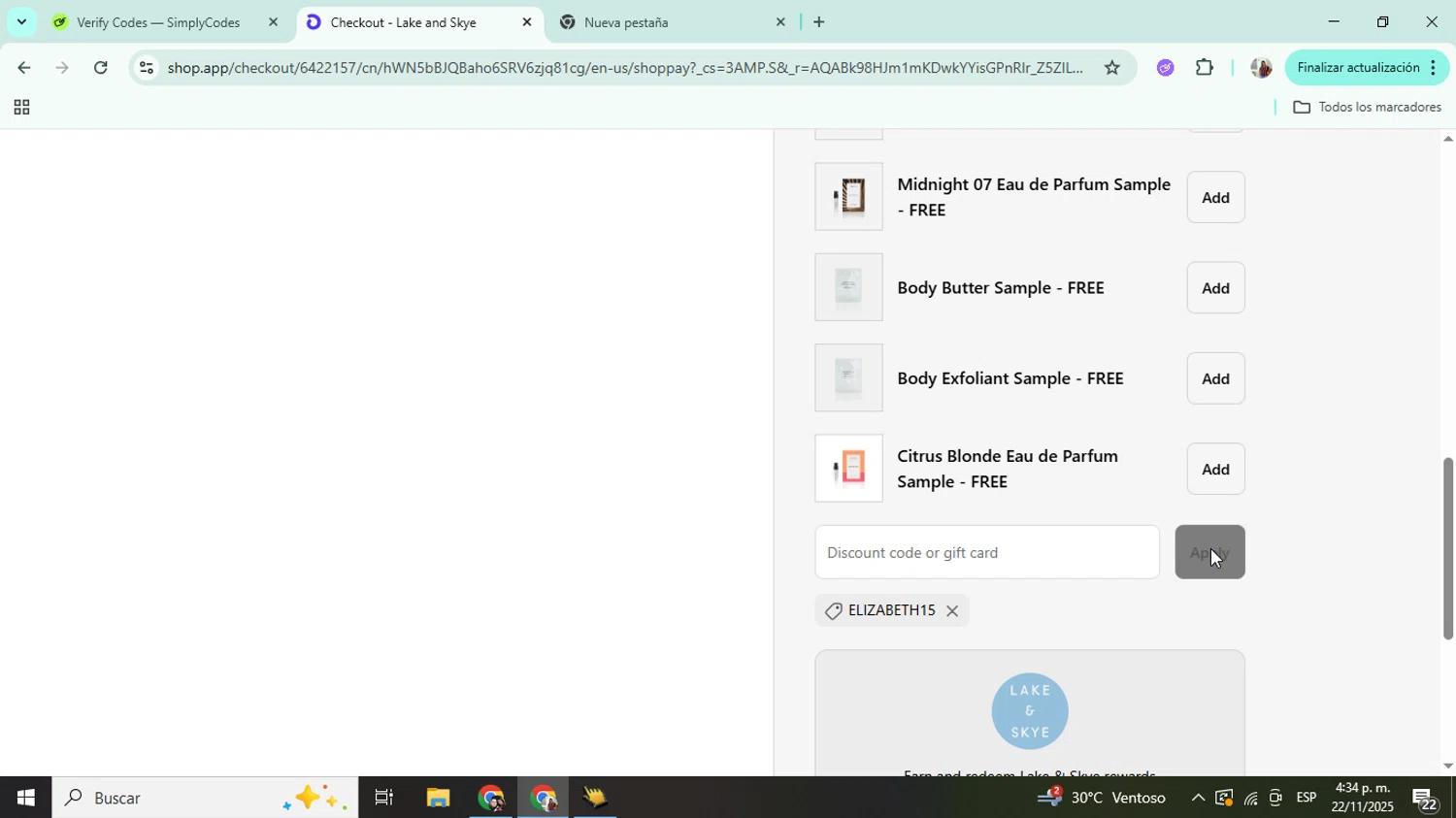 Lake and Skye discount code screenshot showing code ELIZABETH15 applied at Lake and Skye checkout page. Uploaded by SimplyCodes community member Mujerdejunnior on Nov 22, 2025