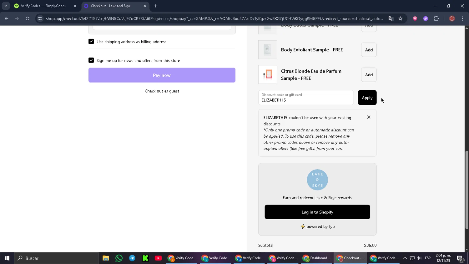 Lake and Skye discount code screenshot showing code ELIZABETH15 applied at Lake and Skye checkout page. Uploaded by SimplyCodes community member PromoScout8746 on Nov 12, 2025
