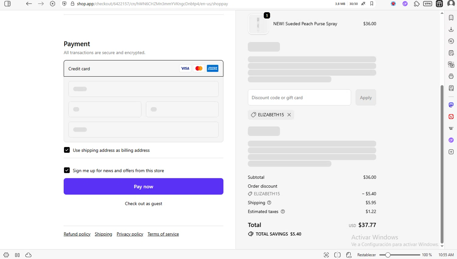 Lake and Skye discount code screenshot showing code ELIZABETH15 applied at Lake and Skye checkout page. Uploaded by SimplyCodes community member luissilva2 on Dec 8, 2025