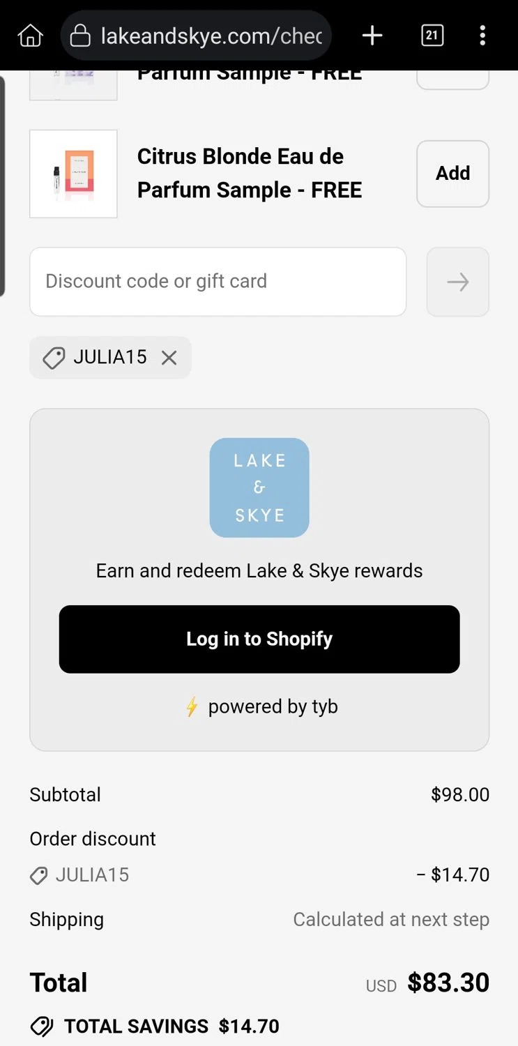 Lake and Skye discount code screenshot showing code JULIA15 applied at Lake and Skye checkout page. Uploaded by SimplyCodes community member Carloslvz on Sep 23, 2025