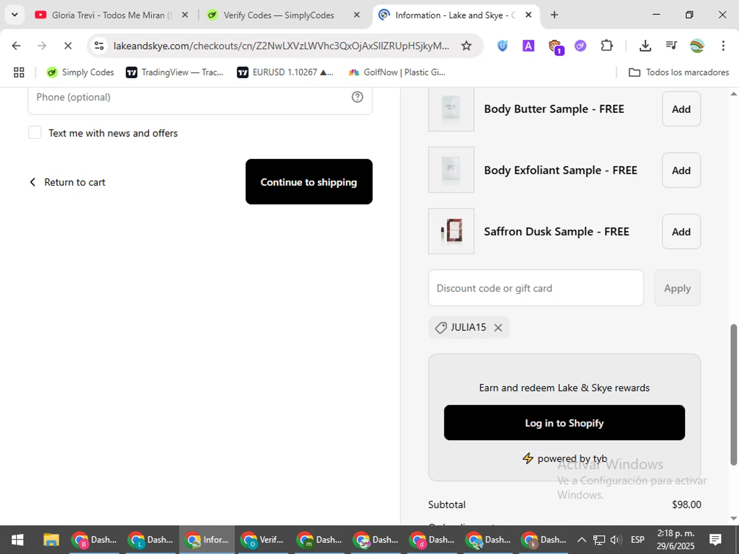Lake and Skye discount code screenshot showing code JULIA15 applied at Lake and Skye checkout page. Uploaded by SimplyCodes community member CoinMaven5220 on Jun 29, 2025