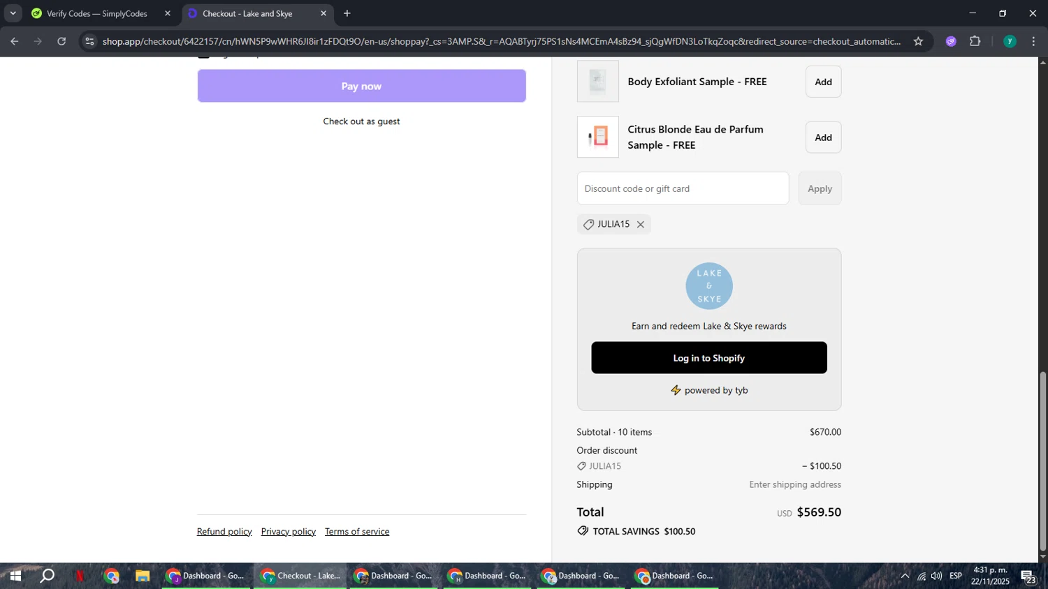 Lake and Skye discount code screenshot showing code JULIA15 applied at Lake and Skye checkout page. Uploaded by SimplyCodes community member FrugalCaptain6906 on Nov 22, 2025