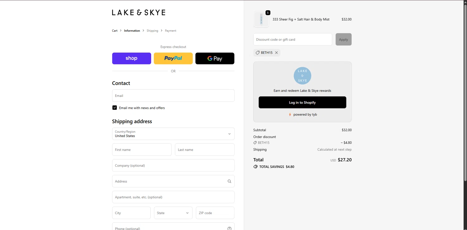 Lake and Skye discount code screenshot showing code beth15 applied at Lake and Skye checkout page. Uploaded by SimplyCodes community member TreasureHero9595 on Oct 30, 2025