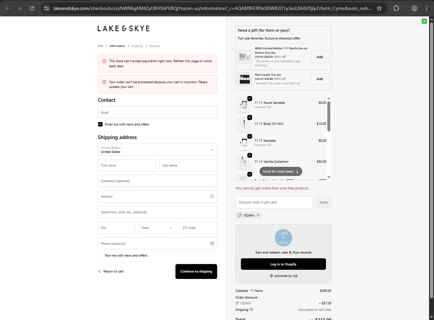 Lake and Skye discount code screenshot showing code 15dani applied at Lake and Skye checkout page. Uploaded by SimplyCodes community member 61664350 on Dec 21, 2025