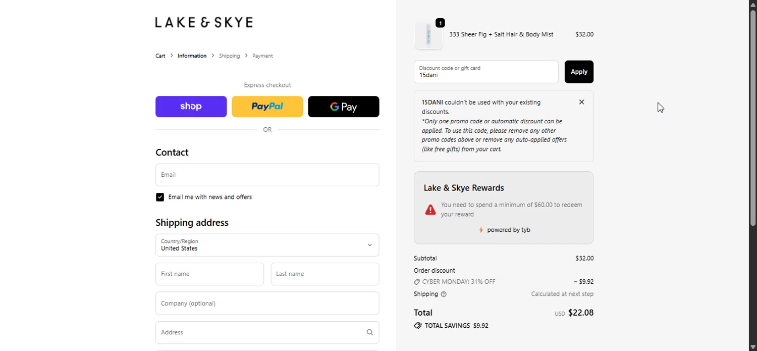 Lake and Skye discount code screenshot showing code 15dani applied at Lake and Skye checkout page. Uploaded by SimplyCodes community member Bendito on Dec 3, 2025