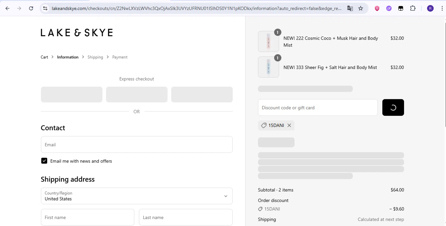 Lake and Skye discount code screenshot showing code 15dani applied at Lake and Skye checkout page. Uploaded by SimplyCodes community member zurdinha on Jun 20, 2025