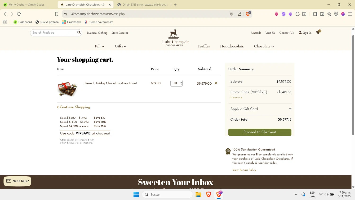 Lake Champlain Chocolates checkout page showing Lake Champlain Chocolates coupon code box | Screenshot taken by SimplyCodes community member on Nov 6, 2025