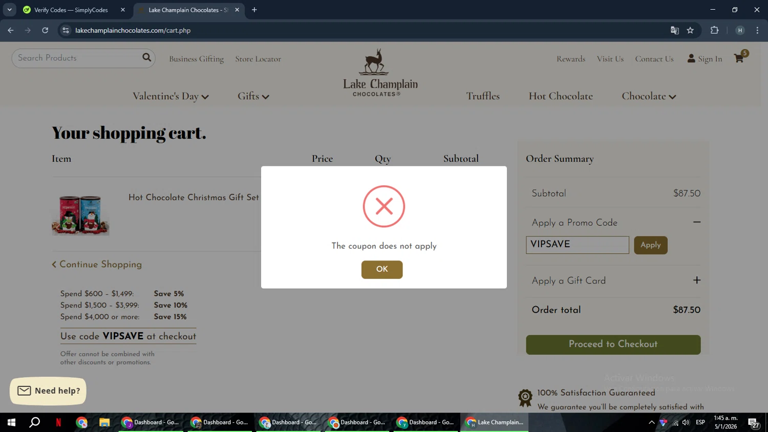 Lake Champlain Chocolates checkout page showing Lake Champlain Chocolates coupon code box | Screenshot taken by SimplyCodes community member on Jan 5, 2026