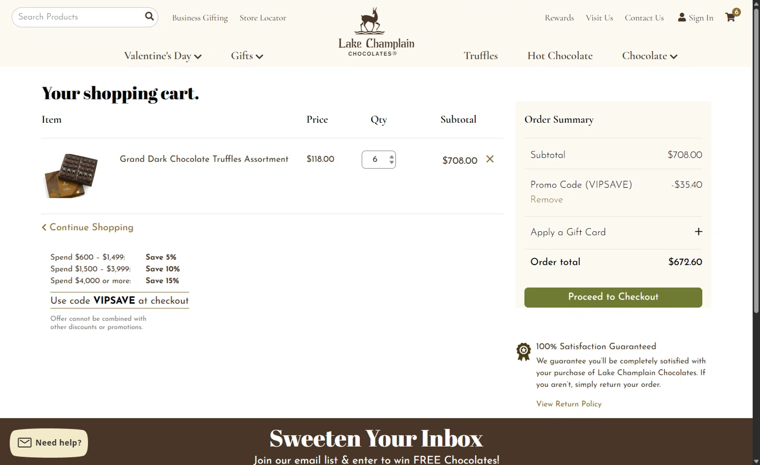 Lake Champlain Chocolates checkout page showing Lake Champlain Chocolates coupon code box | Screenshot taken by SimplyCodes community member on Jan 18, 2026
