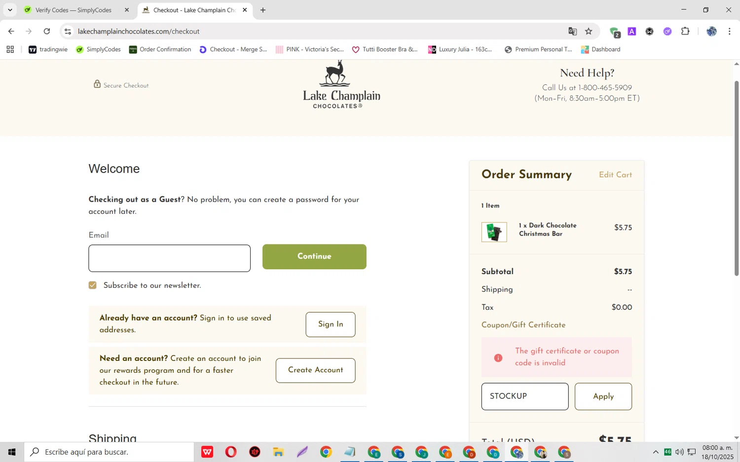 Lake Champlain Chocolates coupon code screenshot showing code STOCKUP applied at Lake Champlain Chocolates checkout page. Uploaded by SimplyCodes community member JoseH45 on Oct 18, 2025