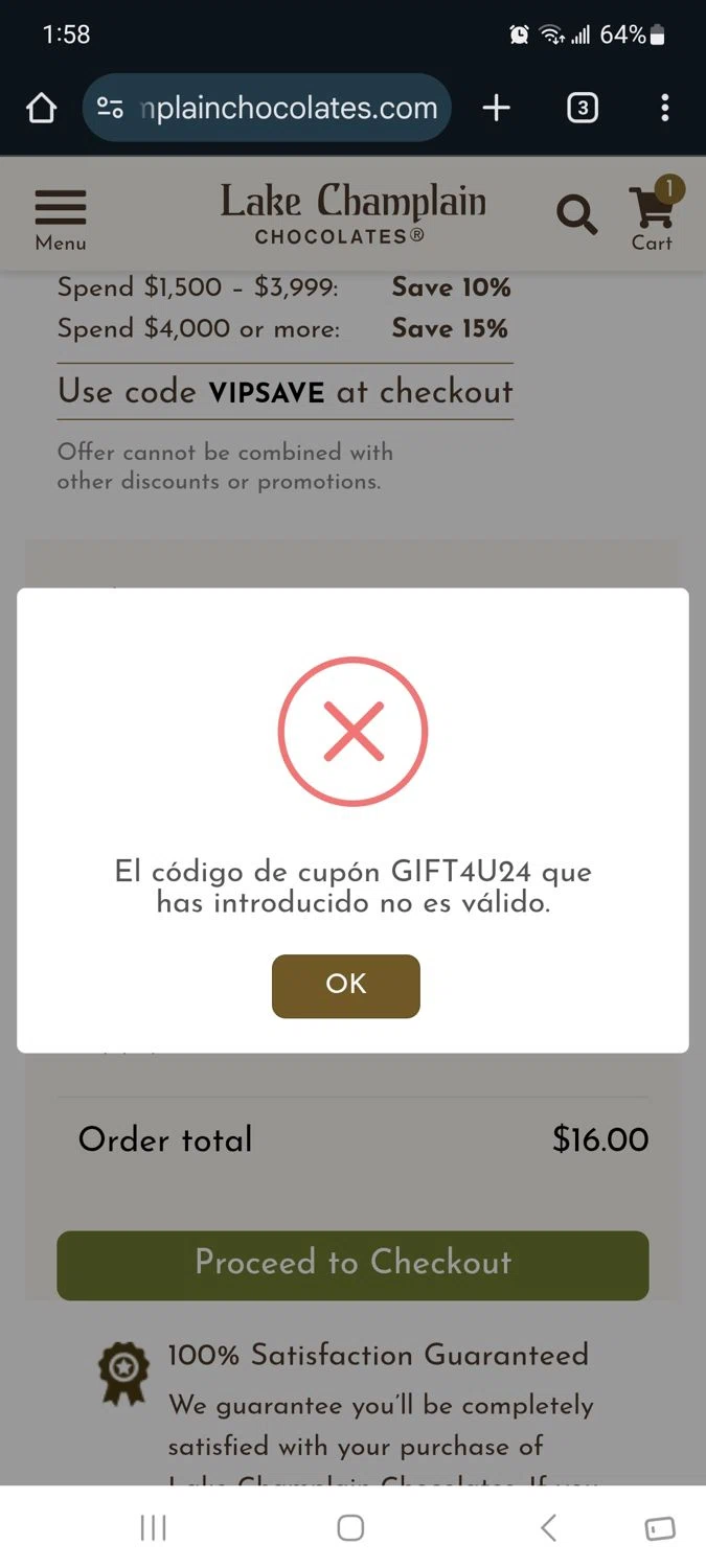 Lake Champlain Chocolates coupon code screenshot showing code GIFT4U24 applied at Lake Champlain Chocolates checkout page. Uploaded by SimplyCodes community member Milaya on Oct 13, 2025