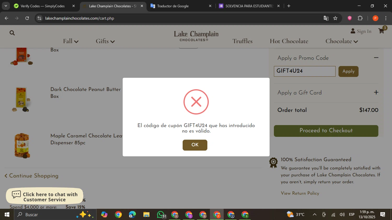 Lake Champlain Chocolates coupon code screenshot showing code GIFT4U24 applied at Lake Champlain Chocolates checkout page. Uploaded by SimplyCodes community member VictoriousCaptain2658 on Oct 13, 2025