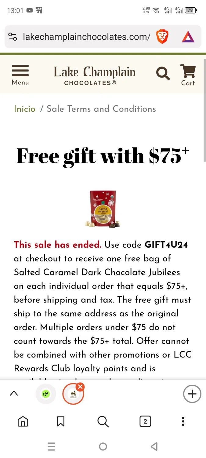 Lake Champlain Chocolates coupon code screenshot showing code GIFT4U24 applied at Lake Champlain Chocolates checkout page. Uploaded by SimplyCodes community member dayselis15 on Oct 13, 2025