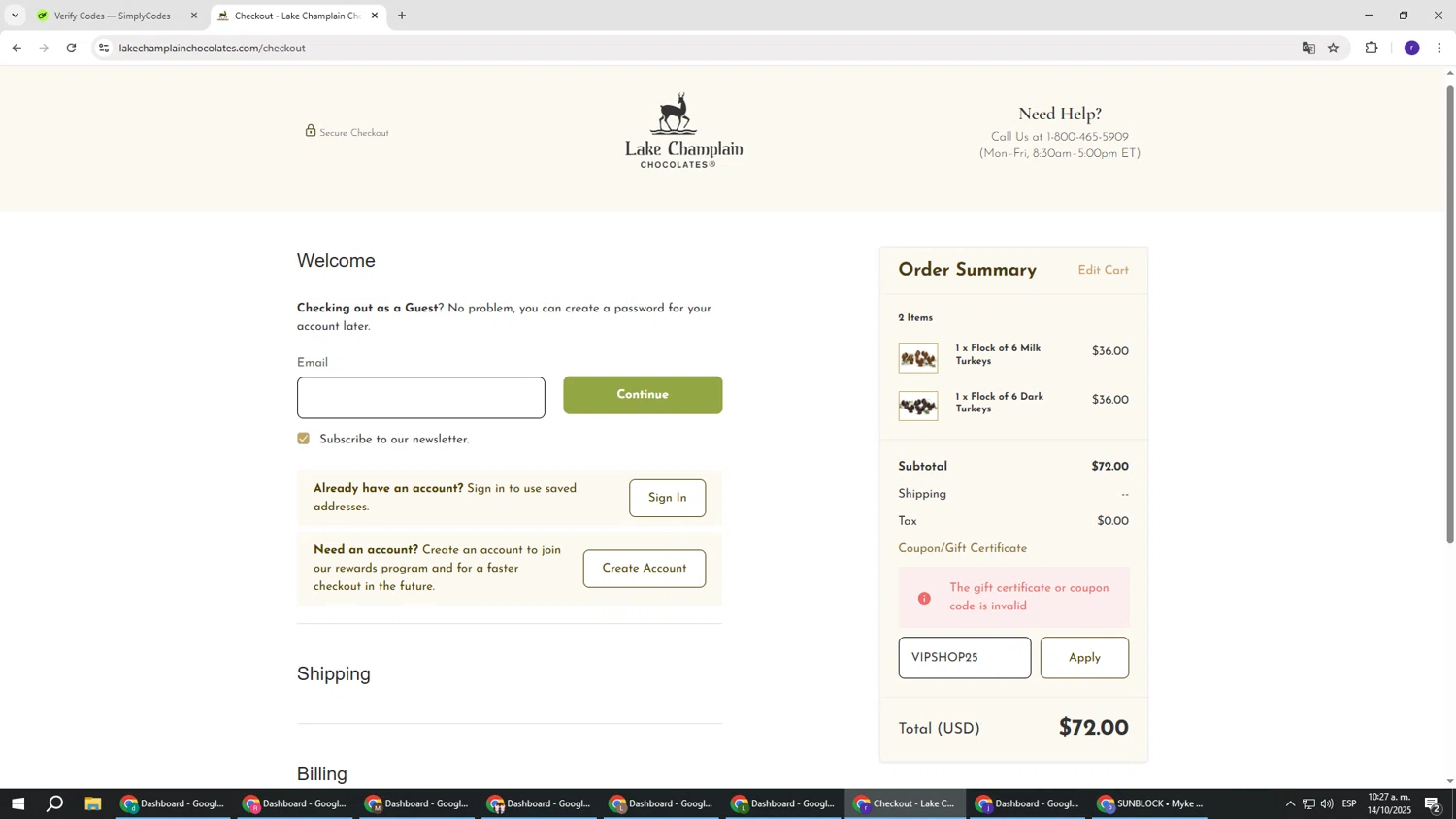 Lake Champlain Chocolates coupon code screenshot showing code VIPSHOP25 applied at Lake Champlain Chocolates checkout page. Uploaded by SimplyCodes community member AberthGotopo on Oct 14, 2025