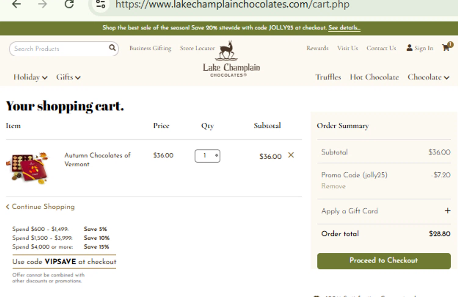 Lake Champlain Chocolates coupon code screenshot showing code jolly25 applied at Lake Champlain Chocolates checkout page. Uploaded by SimplyCodes community member RewardFinder4836 on Nov 28, 2025