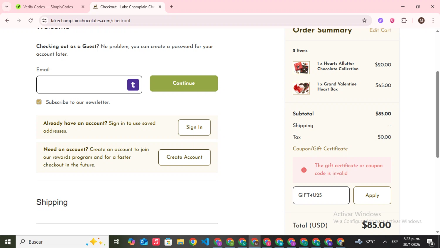 Lake Champlain Chocolates coupon code screenshot showing code GIFT4U25 applied at Lake Champlain Chocolates checkout page. Uploaded by SimplyCodes community member WonderWizard9060 on Jan 30, 2026