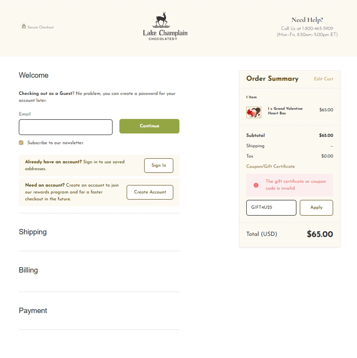 Lake Champlain Chocolates coupon code screenshot showing code GIFT4U25 applied at Lake Champlain Chocolates checkout page. Uploaded by SimplyCodes community member reggiesmith on Jan 30, 2026