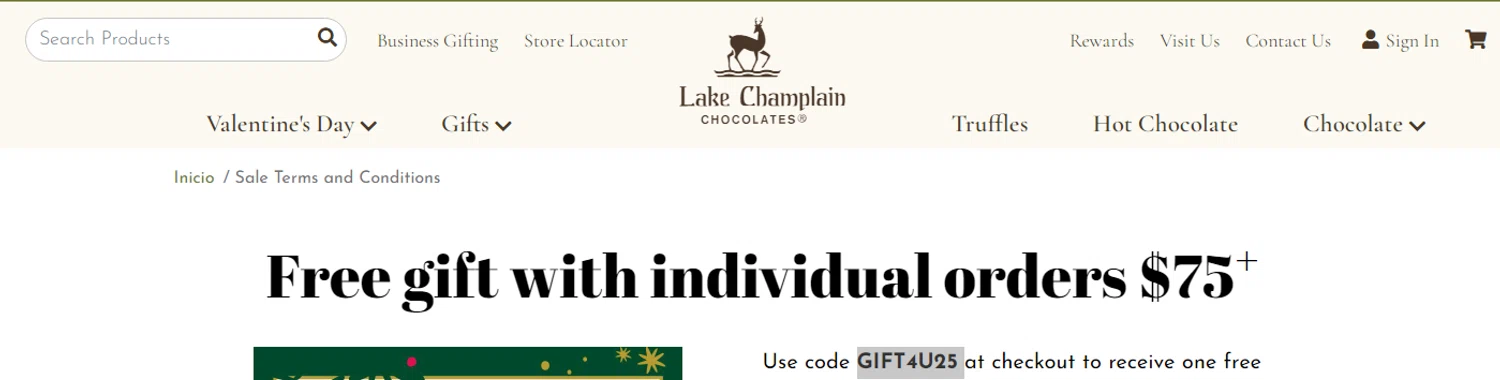 Lake Champlain Chocolates coupon code screenshot showing code GIFT4U25 applied at Lake Champlain Chocolates checkout page. Uploaded by SimplyCodes community member RonaldAcunaJr on Jan 30, 2026