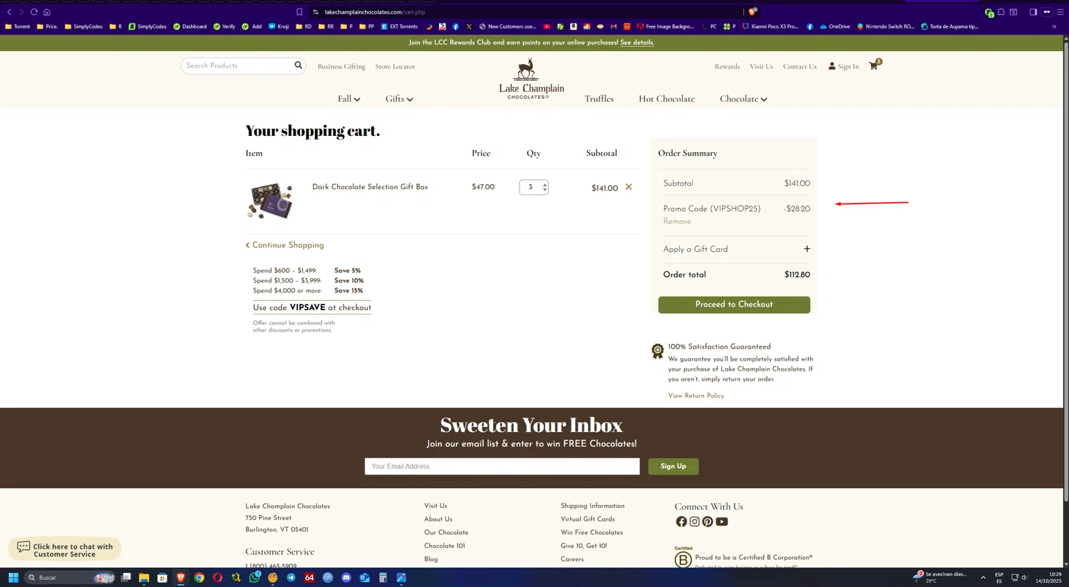 Lake Champlain Chocolates coupon code screenshot showing code VIPSHOP25 applied at Lake Champlain Chocolates checkout page. Uploaded by SimplyCodes community member UnkNownVnzla on Oct 14, 2025
