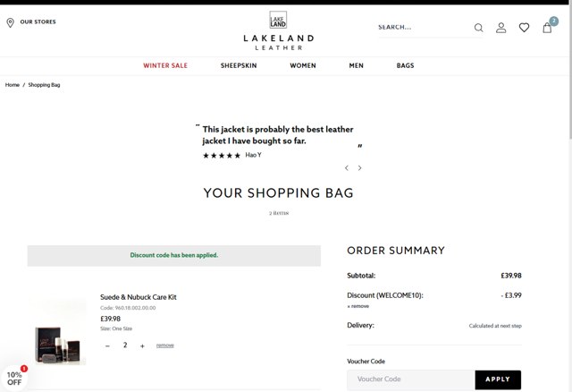 Lakeland Leather checkout page showing Lakeland Leather discount code box | Screenshot taken by SimplyCodes community member on Feb 4, 2025