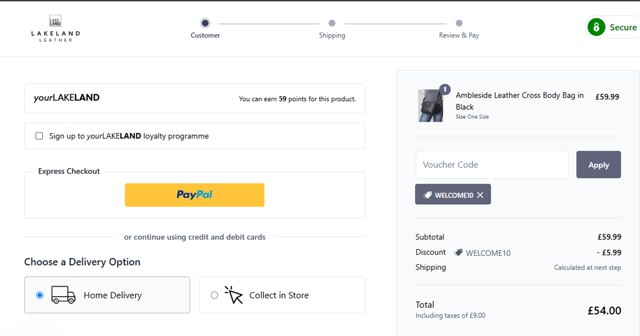 Lakeland Leather checkout page showing Lakeland Leather discount code box | Screenshot taken by SimplyCodes community member on Apr 8, 2025