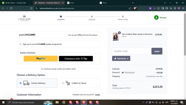 Lakeland Leather checkout page showing Lakeland Leather discount code box | Screenshot taken by SimplyCodes community member on Mar 13, 2025