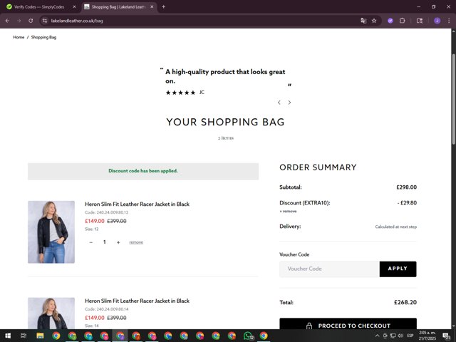 Lakeland Leather checkout page showing Lakeland Leather discount code box | Screenshot taken by SimplyCodes community member on Jul 21, 2025